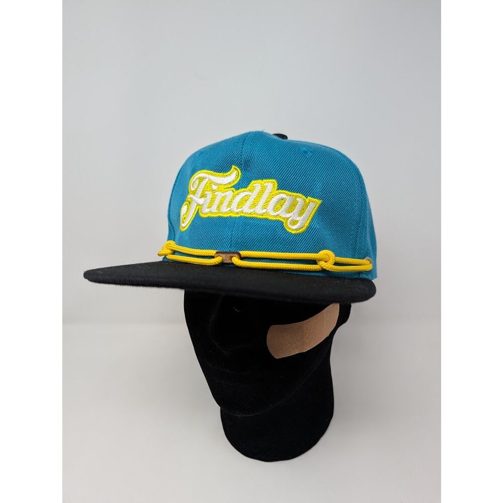 Findlay Rope Cap Snapback Hat Script Cursive Logo Black Teal Yellow Snapback Cat